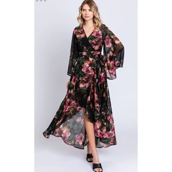 Pinkblush by ONETHELAND Floral Chiffon Wrap Front Hi-Low Maternity Dress Large - Picture 1 of 12